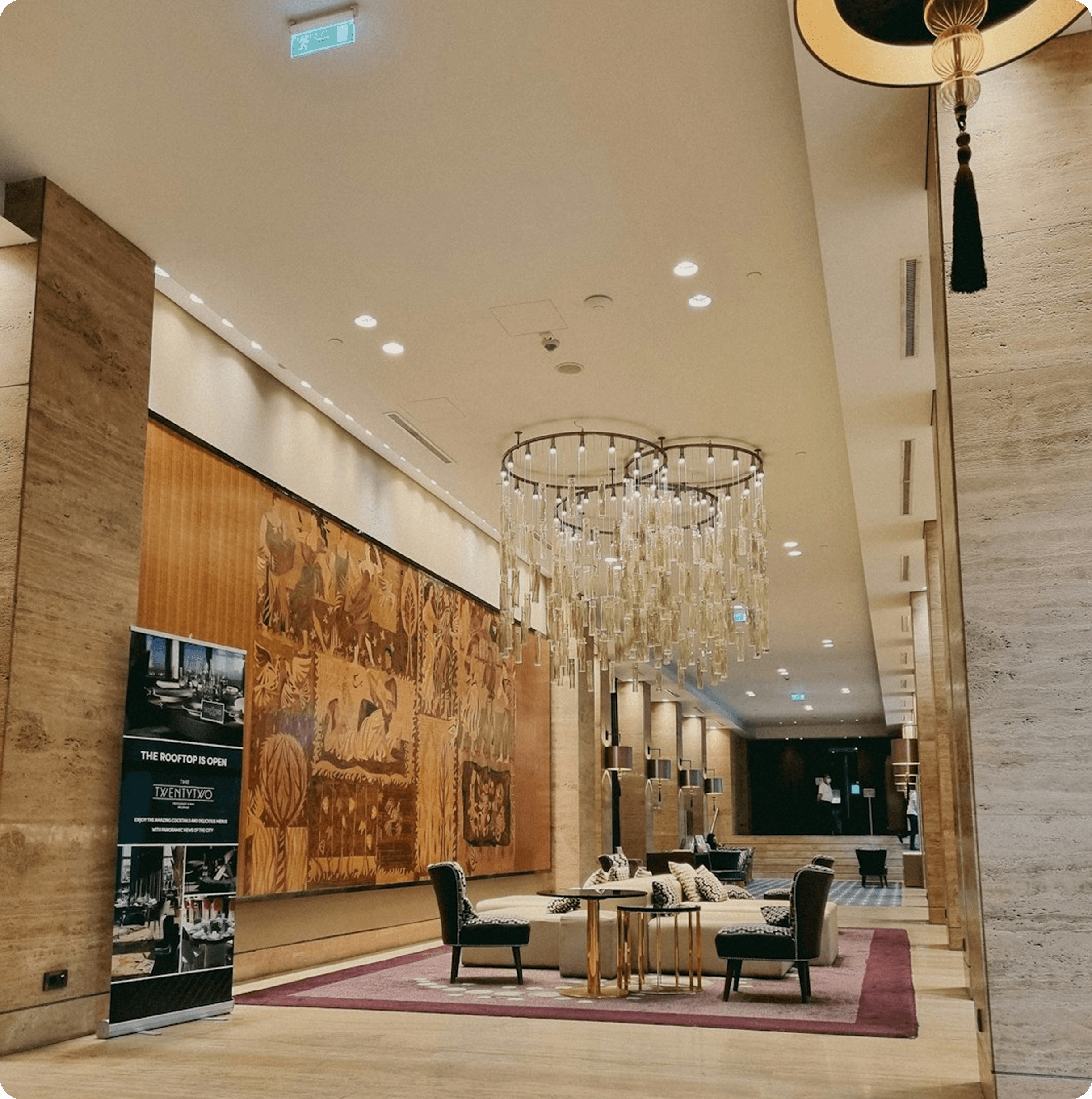 Luxury hotel lobby with chandelier