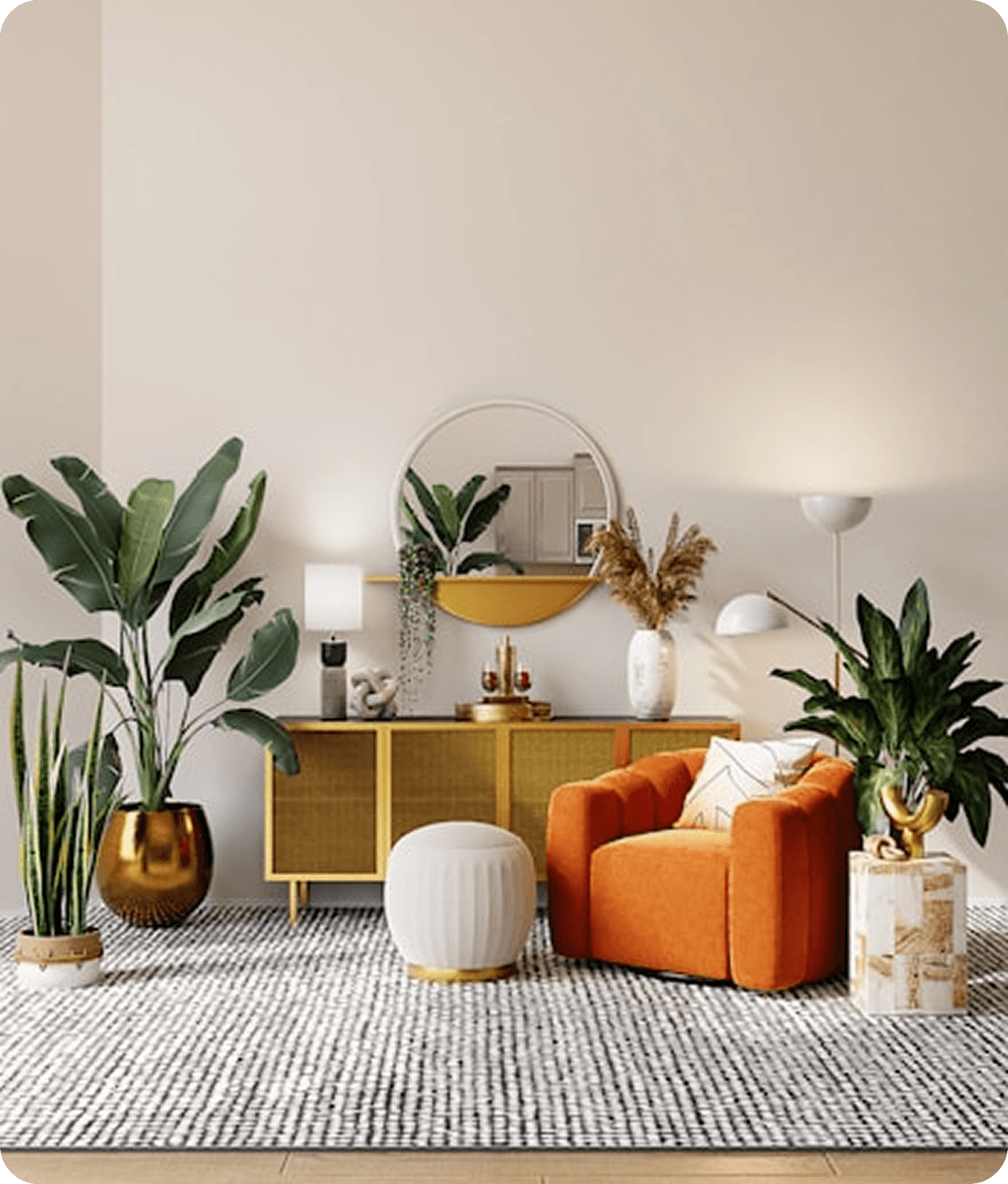 Modern living room with orange chair